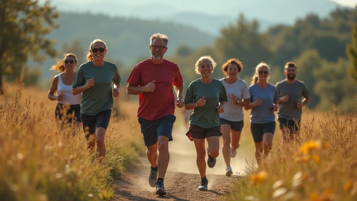 A group of runners on a trail, running together
