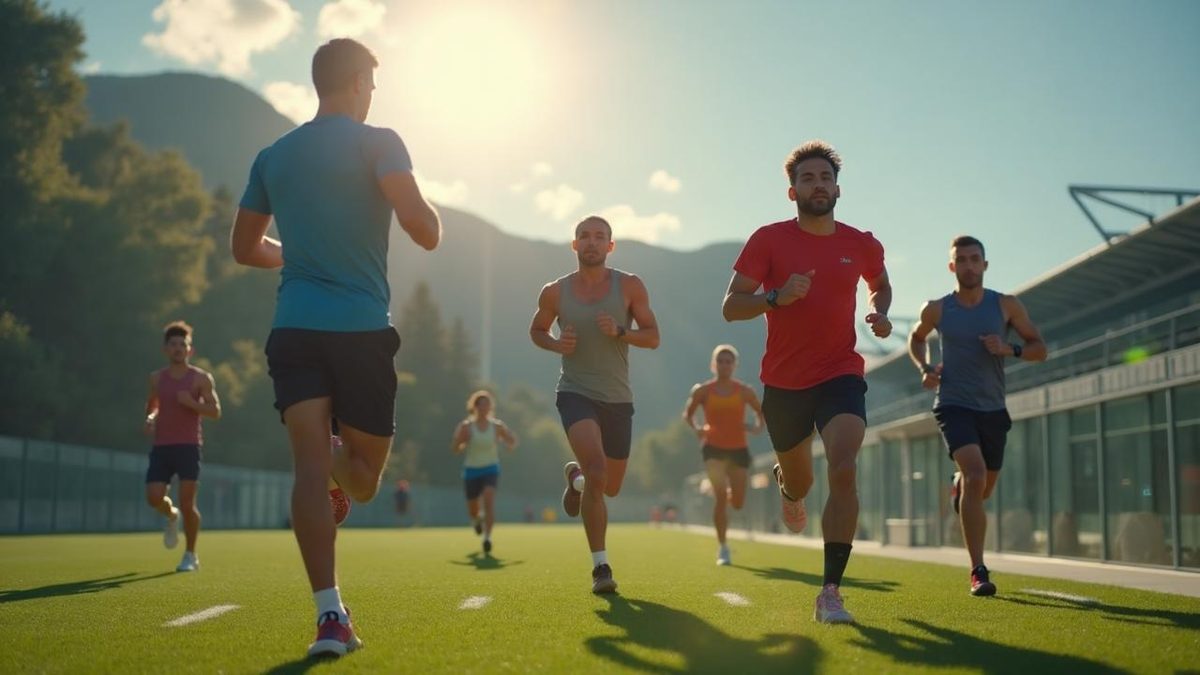 Runners training together on a sunlit field